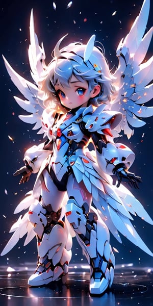 Girl with mechanical huge wings, mechanical wings, tight suit, angel feathers, snowflakes, snow white, and from the 1980s anime series G Force, surreal sweet girl with huge mechanical gems, holographic, hologram texture, wlop style , space, angel gundam, hdsrmr, fire element