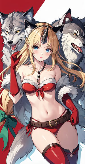 riesz, fenrir knight, blonde hair, blue eyes, very long hair, low-tied long hair, eyebrows visible through hair, parted bangs, sidelocks, hair bow, green bow, fur trim, single horn, wolf ears, hairband, chain, wolf, wolf pelt, red bikini, red gloves, side-tie bikini, elbow gloves, single thighhigh, belt, red legwear, thigh boots