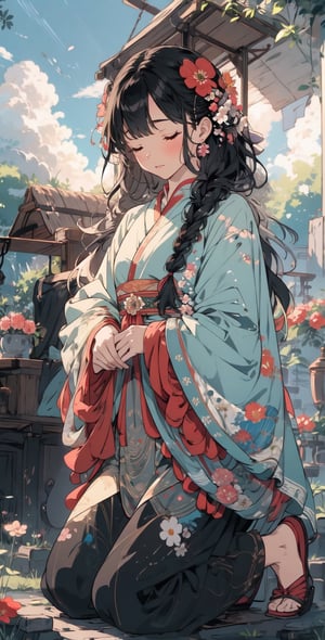 Dusk, sunset, sunset, clouds, sparkling, black hair, flowing long hair, short side braid, eyes closed, 1girl, medium chest, deep in thought, kneeling on the ground, meditating, praying, begging, kneeling, flowers blooming, Petals flying, petals all over the sky, abstract background, 8k, ultra high quality, high definition painting, masterpiece, careful composition,embroidered flower patterns