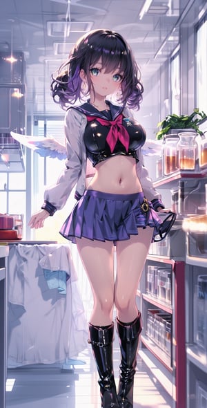 Real strong light and shadow, 8k, high resolution, high-definition picture quality, comic master, complex and smooth design, {{white-skinned girl}}, sailor suit, exquisite details, sexy student uniform, exposed navel, miniskirt, bright purple pattern, Charming lustful eyes, bright purple shiny hair, twin ponytails, smile, posing, big breasts, blue-purple eyes, leather boots, feather wings, feather earring set, many flying feathers, masterpiece, HD, 8k,serafuku