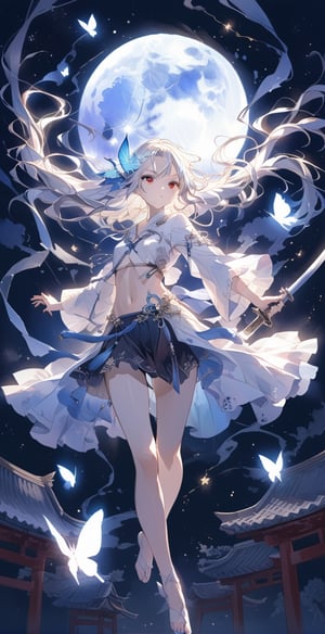 , masterpiece, boutique, aesthetic, 1girl, solo, cultivation, martial arts, sexy short robe, 20-year-old woman, floating in the air, wielding a sword, standing in the air with a sword on her toes, flying, in the air, white hair, flying long hair , exposed navel, short skirt, red eyes, night, moon, stars, milky way, butterfly hair accessories, beauty, simple watercolor background\(center\), very detailed