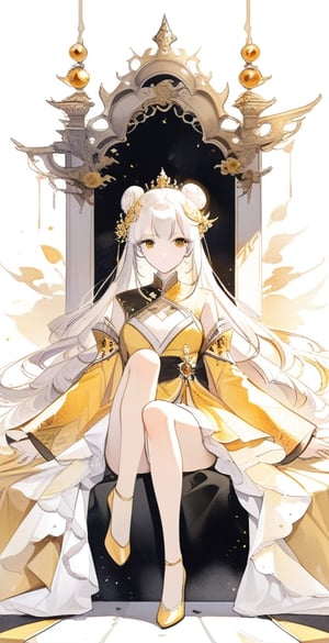 Black and white sketch, black and white ink, light skin color masterpiece, exquisite beauty 1girl solo, domineering queen, sexy and domineering, golden clothes fluttering, outdoor palace, detailed beautiful and noble throne, sitting on the golden throne, legs crossed, legs crossed, tiptoes , Chinese Golden Palace, white hair, bun, long hair, elegant temperament, beautiful eyes, looking at the audience, close-up of key figures, radiant, majestic, exquisite hair accessories, simple background, calm beauty, watercolor background\ (center\), very detailed, watercolor\(center\)