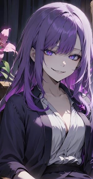 looking at the audience, masterpiece, soft lighting, long purple hair, open shirt, 1girl, dark blue eyes, light gauze, evil smile, showing small canine teeth, upper body, closed mouth, flowers, female focus, solo focus, sitting Chair, pink lily\(flower\), hand pov, Caperton