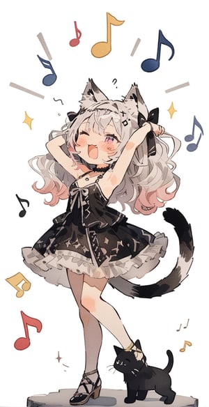 cute,1girl,dancer,animal ears,tail,holding,dancing,solo,dancer decoration,blush stickers,hair bow,animal ear fluff,cat tail,sexy bikini style silk dress,cat ears,white hair,full body , eyes sparkling, open mouth, sparkling, long hair, few clothes, musical notes, musical symbols, simple background, masterpiece, best quality, aesthetic,watercolor