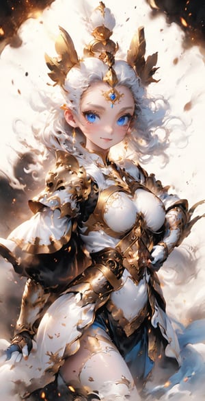 masterpiece, best quality, 8k, photo, master quality, highres, 1girl hairband headdress, blue eyes, beautiful delicate eyes, delicate face, smooth and beautiful hair color, delicate and beautiful sexy white armor, shoulder white armor , cloak, white gloves, white pantyhose, white stockings, sexy posture, magic circle, good figure, medium chest, smile,girl,UNDER_69,liquid clothes,Leoarmor,Chinese_armor