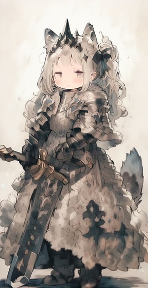 cute knight, 1girl, weapon, sword, animal ears, tail, holding, holding weapon, solo, holding sword, fur decoration, blush sticker, hair bow, animal ear fluff, cat tail, standing, cat ears, White hair, full body, sparkling, golden cloak, long hair, knight armor, dress, black bow, simple background, masterpiece, best quality, aesthetic,princess