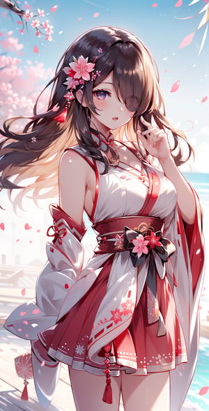 Vibrant Colors, Amaterasu, Female, Masterpiece, Sharp Focus, Best Quality, Depth of Field, Light Fall, Detailed Light and Shadow, ((, a woman)), (Illustration, 8k CG, Extremely Detailed), Masterpiece, Super Detailed, Looking at the audience, hair browsing the sea, brown hair, miko costume with long sleeves, red and white bodice with flowers, miko sundress sacred, hair over one eye, full of cherry blossom petals, red and white short skirt fluttering, white lace string panties, sunshine The sunny petals of cherry blossoms fly in the wind,portrait,kawaiitech,ahegao,1 girl,masterpiece