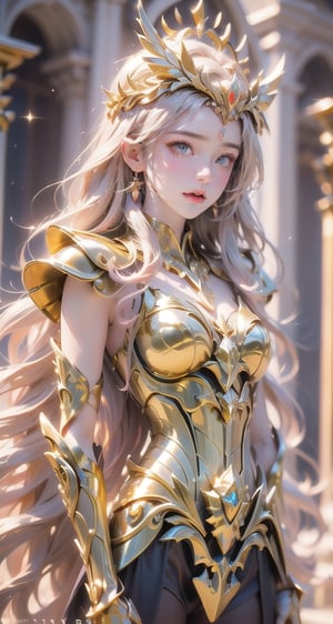 Pisces, helmet, armor, Pisces armor, twelve golden saints, whole body. defensive pose, female, girl, medium bust, prominent breasts, sexy, (Masterpiece: 1.0), (Best Quality: 1.0), (Ultra High Resolution: 1.0), (8k Resolution: 1.0), (Realistic: 1.0 ), (Super Detailed 1:0), Photography, Kodak Portra 400, Background Blur, Vibrant Colors, Bokeh, Lens Flare, ((Perfect Hands)), (((Perfect Arms)), (Perfect Face ), {{Perfect Anatomy}}, (Guido Daniel's hand), wide angle shot, small hands, long fingers, Greek temple, very detailed background, 1 woman in golden armor, golden armor, solo, long hair, dark eyes, looking at viewer, face in focus, detailed face, bright colors, symmetrical eyes, visible lips, standing, (upper body: 1.2), epaulettes, golden armor, helmet, armor,
