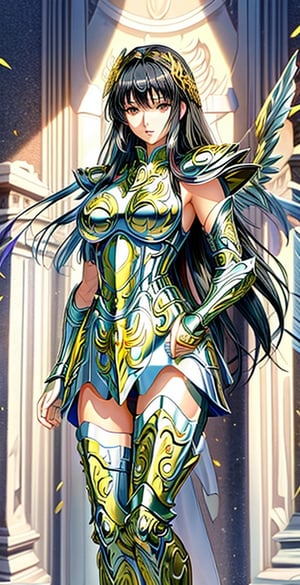 Photos, masterpieces, high details 8K, photography, best surreal quality, light and shadow, sunny days, mature women wearing exquisite and beautiful sexy armor, smooth and shiny black hair, Roman columns, very good body , Sexy, meticulous composition, combat posture, and a meticulous pair of wings, gold armor