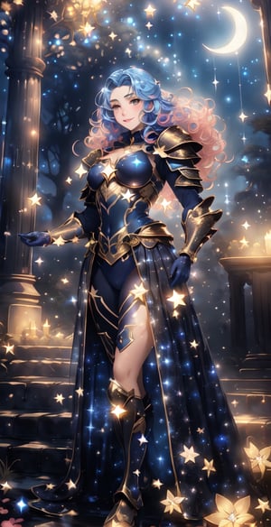 masterpiece, best quality, daytime, masterpiece, best quality, official art, extremely detailed CG uniform 8k wallpaper, night, starry sky, moonlight, moon, mature woman, camera view from below, light blue hair, Pink hair, colored undercoat, long curly hair, seductive smile, blush, sparkling eyes, medium chest, {{{{dark blue armor with twinkling stars in the blue sky}}}, many glowing points of light, {{open breasts}},{{showing a little underwear}}, comics, too ridiculous, unreal, wallpaper, light, photo, album, reality,medieval armor,marb1e4rmor