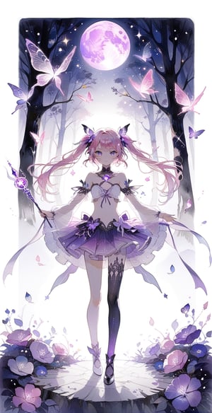 masterpiece, best, aesthetic, glowing wand, 1girl, solo, seve, wand holding, purple glowing wand, tarot cards, dark magical girl, 20 something woman, standing, pink hair, twintail hair, purple &amp; White clothes, exposed navel, purple skirt, magical girl, purple eyes, night, blue moon, glowing forest, purple flowers, purple magic butterfly, beauty, watercolor \(center\), very detailed,glitter,shiny