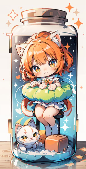 ((Cut out toy), (3D orange mixed white kitten)) Close up angle surrounded by sparkling dream bubbles, animal, detailed focus, fluffy fluffy kitten, deep bokeh, beautiful, warm and sweet cute background with many cat shaped cookies. Visually pleasing, 3D, more details XL, Chibi, kawaiitech