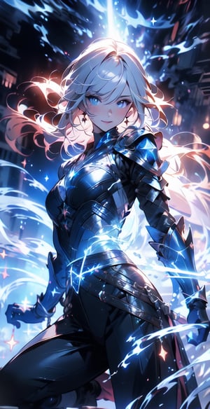 masterpiece, best quality, daytime, masterpiece, best quality, official art, extremely detailed CG uniform 8k wallpaper, night, starry sky, moonlight, moon, mature woman, camera view from below, light blue hair, Pink hair, colored undercoat, long curly hair, seductive smile, blush, sparkling eyes, medium chest, {{{{dark blue armor with twinkling stars in the blue sky}}}, many glowing points of light, {{open breasts}},{{showing a little underwear}}, comics, too ridiculous, unreal, wallpaper, light, photo, album, reality,medieval armor,marb1e4rmor,marble,frilled shirt collar,midjourney