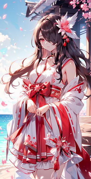 Vibrant Colors, Amaterasu, Female, Masterpiece, Sharp Focus, Best Quality, Depth of Field, Light Fall, Detailed Light and Shadow, ((, a woman)), (Illustration, 8k CG, Extremely Detailed), Masterpiece, Super Detailed, Looking at the audience, hair browsing the sea, brown hair, miko costume with long sleeves, red and white bodice with flowers, miko sundress sacred, hair over one eye, full of cherry blossom petals, red and white short skirt fluttering, white lace string panties, sunshine The sunny petals of cherry blossoms fly in the wind,portrait,kawaiitech,ahegao,1 girl,masterpiece