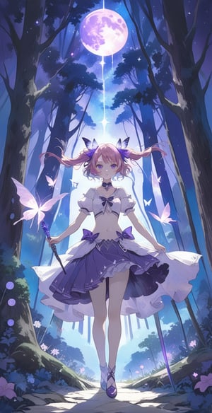 masterpiece, best, aesthetic, glowing wand, 1girl, solo, seve, wand holding, purple glowing wand, tarot cards, dark magical girl, 20 something woman, standing, pink hair, twintail hair, purple &amp; White clothes, exposed navel, purple skirt, magical girl, purple eyes, night, blue moon, glowing forest, purple flowers, purple magic butterfly, beauty, watercolor \(center\), very detailed,glitter,shiny,black and white,scenery