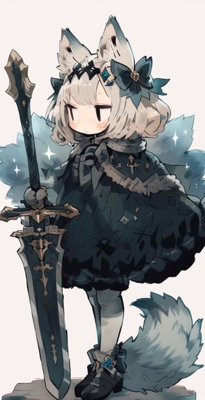 cute knight, 1girl, weapon, sword, animal ears, tail, holding, holding weapon, solo, holding sword, fur trim, chibi, blush stickers, bow, hair bow, animal ear fluff, fox tail, standing, cape, fox ears, white hair, full body, sparkle, fur-trimmed cape, short hair, fur-trimmed cloak, dress, black bow, simple background, masterpiece, best quality, aesthetic