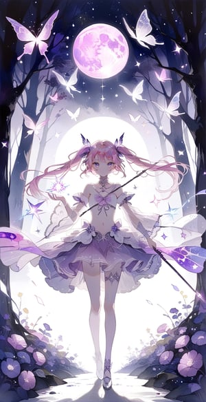 masterpiece, best, aesthetic, glowing wand, 1girl, solo, seve, wand holding, purple glowing wand, tarot cards, dark magical girl, 20 something woman, standing, pink hair, twintail hair, purple &amp; White clothes, exposed navel, purple skirt, magical girl, purple eyes, night, blue moon, glowing forest, purple flowers, purple magic butterfly, beauty, watercolor \(center\), very detailed,glitter,shiny