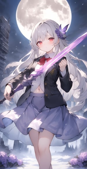 Masterpiece, top quality, beauty, luminous sword, 1girl, girl, solo, holding sword, purple luminous sword, school uniform, student uniform, white hair, flying long hair, exposed navel, purple miniskirt, magic circle, red eyes, Night, moon, ruined city, snow, purple flowers, purple magic butterflies, purple magic feathers, beauty, watercolor \(center\), very detailed,princess