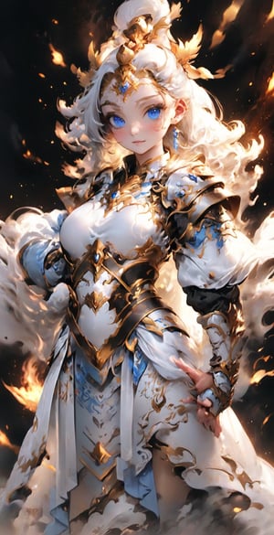 masterpiece, best quality, 8k, photo, master quality, highres, 1girl hairband headdress, blue eyes, beautiful delicate eyes, delicate face, smooth and beautiful hair color, delicate and beautiful sexy white armor, shoulder white armor , cloak, white gloves, white pantyhose, white stockings, sexy posture, magic circle, good figure, medium chest, smile,girl,UNDER_69,liquid clothes,Leoarmor,Chinese_armor