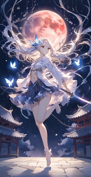 , masterpiece, boutique, aesthetic, 1girl, solo, cultivation, martial arts, sexy short robe, 20-year-old woman, floating in the air, wielding a sword, standing in the air with a sword on her toes, flying, in the air, white hair, flying long hair , exposed navel, short skirt, red eyes, night, moon, stars, milky way, butterfly hair accessories, beauty, simple watercolor background\(center\), very detailed
