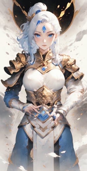masterpiece, best quality, 8k, photo, master quality, highres, 1girl hairband headdress, blue eyes, beautiful delicate eyes, delicate face, smooth and beautiful hair color, delicate and beautiful sexy white armor, shoulder white armor , cloak, white gloves, white pantyhose, white stockings, sexy posture, magic circle, good figure, medium chest, smile,girl,UNDER_69,liquid clothes,Leoarmor,Chinese_armor,ice, fire element