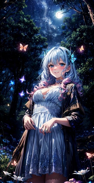masterpiece, best quality, daytime, masterpiece, best quality, official art, extremely detailed CG uniform 8k wallpaper, night, starry sky, moonlight, moon, mature woman, camera view from below, light blue hair, Pink hair, colored undercoat, long curly hair, seductive smile, blush, sparkling eyes, medium chest, {{{{tight white slightly transparent evening dress}}}, many glowing butterflies, {{open Breasts｝｝, {{a little underwear showing}}, park, comics, too ridiculous, unreal, wallpaper, light, photos, albums, reality,