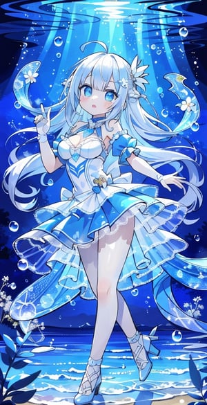 (Masterpiece, best quality, high resolution: 1.3), super high resolution image, (1girl), (solo), kawaii, white hair, long hair, blue and white dress, wonderland, sunshine, colorful, underwater world , dream, blue filter, dance