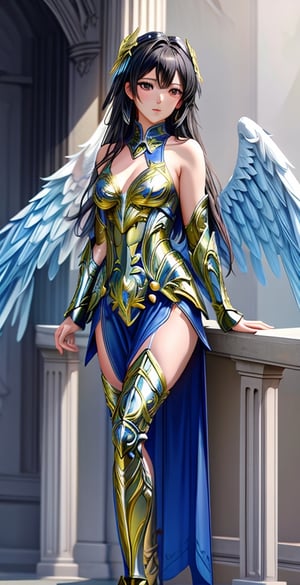 Photos, masterpieces, high details 8K, photography, best surreal quality, light and shadow, sunny days, mature women wearing exquisite and beautiful sexy armor, smooth and shiny black hair, Roman columns, very good body , Sexy, meticulous composition, combat posture, and a meticulous pair of wings, gold armor,Sagittariusarmor,marb1e4rmor,wings