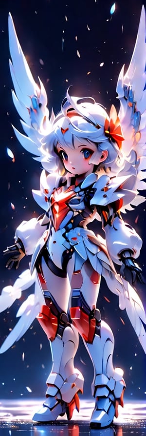 Girl with mechanical huge wings, mechanical wings, tight suit, angel feathers, snowflakes, snow white, and from the 1980s anime series G Force, surreal sweet girl with huge mechanical gems, holographic, hologram texture, wlop style , space, angel gundam, hdsrmr, fire element