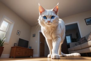 Create a highly detailed, ultra-realistic image of a giant, white-furred female house cat, anthropomorphic with digitigrade legs and feline genetalia. She stands solo in a living room, looking directly at the viewer with bedroom eyes, captured in a low-angle, worm's-eye view. The scene is intricately detailed, with a realistic background showcasing the room's furnishings. She is hunting the viewer, ready to pounce, emphasizing her feline grace and the contrast between her humanoid upper body and animalistic lower half. The lighting is soft, enhancing the texture of her fur and the overall atmosphere of the room. She had blue eyes.