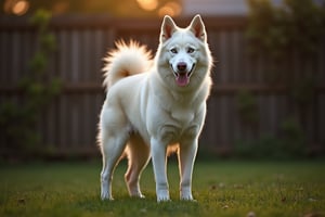 husky, full_body, backyard evening, giant, animal_genetalia, white fur,  low-angle_view, female, dog, solo