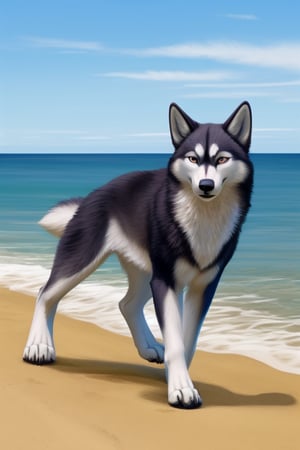 ((solo)) (feral, husky), female, beach