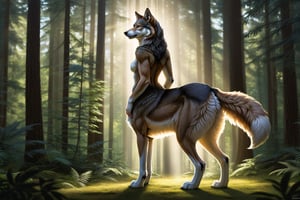 Create a full-body image of a female wolf-taur, featuring a seamless blend of a human upper body and a wolf lower body. She stands majestically in a natural setting, with the background showcasing a dense forest. The lighting is soft, with dappled sunlight filtering through the trees, highlighting her fur's intricate details. Her pose is confident, with her head held high and her wolf legs poised firmly on the ground. The composition captures her entire form, emphasizing the harmonious integration of human and wolf features.