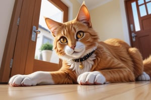 ((house_cat)), ((cat)), solo, Orange cat, golden eyes, animal, female, feral fur, furry, nakid, cat collar, four legs, tail, animal_genetalia, looking at viewer, low-angle_view, low-angle shot, giant, macro, inside house, in doors, quality, shaded, extreme detail, highly detailed, ultradetailed, intricate, realistic, detailed background, hi res, realistic,