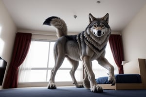 wolf, feral, full_body, giant, solo, four legs, bedroom, indoors low-angle_view, looking at viewer,, low-angle shot, 