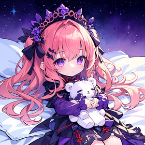 (best quality, 8K, ultra-detailed, masterpiece), (ultra-realistic, photorealistic), A mesmerizing scene featuring a lone girl with enchanting purple eyes, The girl is adorned in red fluffy clothes, creating a striking and dreamlike composition.,chibi,Lying on the bed, sleeping, holding a bear doll