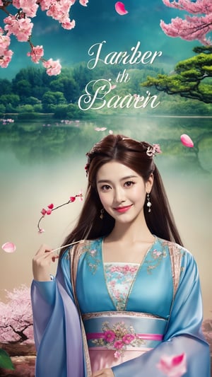 poster wallpaper, 1girl, solo, long hair, looking at viewer, brown hair, hair ornament, long sleeves, dress, holding, brown eyes, jewelry, upper body, earrings, watermark, chinese clothes, black hair, brown eyes, tree, lips, petals, cherry blossoms, realistic, chinese text, hanfu, tienhiep, smile