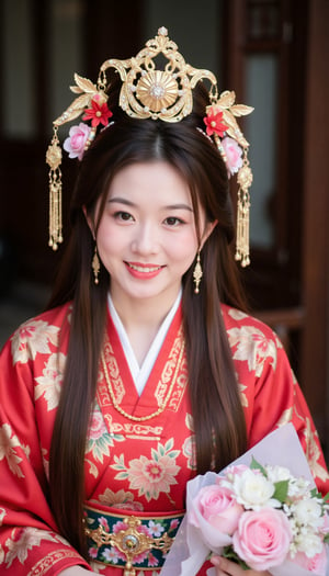 A person wearing a traditional East Asian headdress with intricate gold and red designs, adorned with flowers.