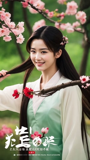 poster wallpaper, 1girl, solo, long hair, black hair, holding, upper body, flower, blurry, looking to the side, blurry background, chinese clothes, cherry blossoms, realistic, branch, chinese text, tienhiep, smile