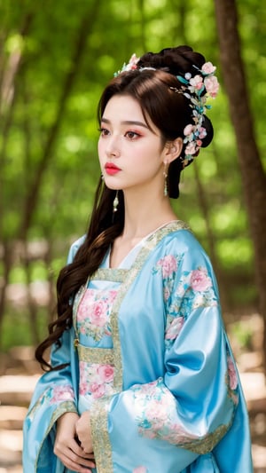 fairy hanfu, 1girl, solo, long hair, brown hair, black hair, hair ornament, dress, brown eyes, jewelry, closed mouth, upper body, earrings, hair bun, lips, chinese clothes, looking up, realistic, tienhiep