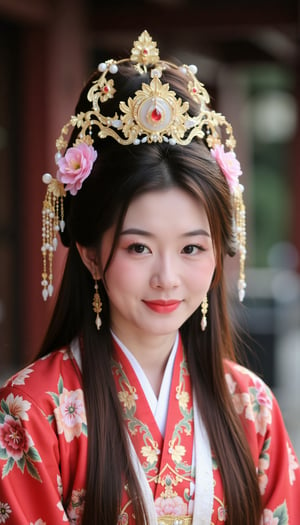 A person wearing a traditional East Asian headdress with intricate gold and red designs, adorned with flowers.