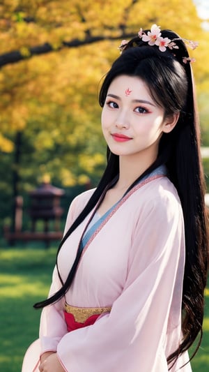 fairy hanfu, 1girl, solo, long hair, black hair, hair ornament, long sleeves, upper body, flower, see-through, blurry background, facial mark, chinese clothes, forehead mark, realistic, hanfu, tienhiep