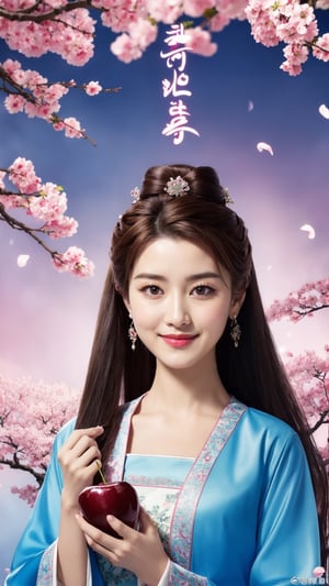 poster wallpaper, 1girl, solo, long hair, looking at viewer, brown hair, hair ornament, long sleeves, dress, holding, brown eyes, jewelry, upper body, earrings, watermark, chinese clothes, 1girl, solo, long hair, looking at viewer, black hair, brown eyes, tree, lips, petals, cherry blossoms, realistic, chinese text, hanfu, tienhiep, smile