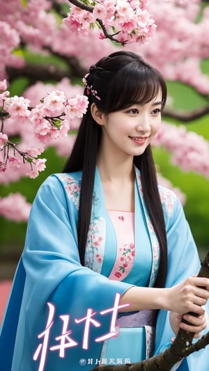 poster wallpaper, 1girl, solo, long hair, black hair, holding, upper body, flower, blurry, looking to the side, blurry background, chinese clothes, cherry blossoms, realistic, branch, chinese text, tienhiep, smile