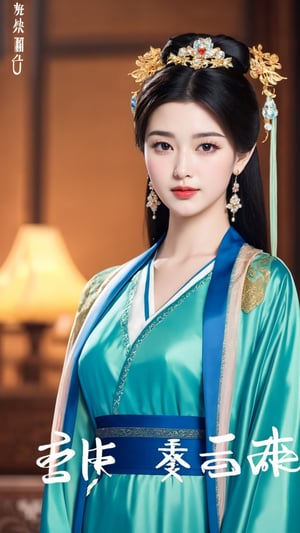 fairy hanfu, 1girl, solo, long hair, looking at viewer, black hair, hair ornament, jewelry, upper body, earrings, black eyes, chinese clothes, realistic, chinese text, hanfu, tienhiep,Hanfu,tienhiep