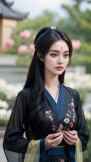 tienhiep, hanfu,
(Hands:1.1), better_hands, realhands
1girl, solo, long hair, black hair, hair ornament, long sleeves, upper body, flower, see-through, blurry background, facial mark, chinese clothes, forehead mark, realistic, hanfu, tienhiep