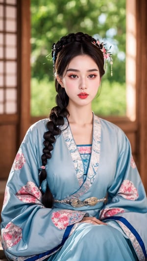 fairy hanfu, 1girl, solo, long hair, long sleeves, sitting, upper body, braid, white hair, parted lips, artist name, indoors, blurry, lips, grey eyes, makeup, blurry background, chinese clothes, thick eyebrows, realistic, nose, chinese text, red lips, tienhiep