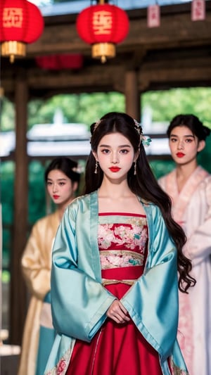fairy hanfu, 1girl, long hair, looking at viewer, multiple girls, black hair, long sleeves, dress, holding, multiple boys, solo focus, blurry, blurry background, chinese clothes, red dress, lantern, realistic, red lips, paper lantern, tienhiep