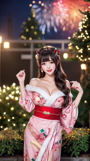 (((adorable, cute, kawaii)), A beautiful Japanese woman in her early twenties, her long raven hair cascading down. She is dressed in a traditional yukata, a lightweight summer kimono adorned with intricate cherry blossom patterns in shades of pink and red. The yukata hangs loosely off her shoulders, revealing her toned arms and smooth skin. (Standing in the midst of a Christmas-themed garden:1.4), she plays with a dazzling array of fireworks, her expression one of pure delight. The garden is filled with lush greenery, adorned with twinkling fairy lights, colorful ornaments, and snow-dusted trees, creating a warm and festive atmosphere. In the background, the sky is aglow with the colors of the fireworks, casting a warm, golden hue over the scene. The woman's delicate features are highlighted by the soft, romantic lighting, accentuating her large, almond-shaped eyes and heart-shaped face. Her slender fingers expertly manipulate the fireworks, causing them to explode in a symphony of colors and shapes, creating an awe-inspiring display of light and sound. The image is a testament to the beauty of Japanese culture, the allure of fireworks, and the magic of the holiday season., (cartoon-style bold line work:1.2), vibrant colors, cel shading, outline, white outline, (cel shading, vintage:1.25), cute moe anime character portrait, adorable, featured on pixiv, kawaii moé masterpiece, cuteness overload, very detailed, sooooo adorable!!!, absolute masterpiece, natural beauty