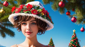 1girl, (masterpiece, top quality, best quality, official art, beautiful and aesthetic:1.2), short hair , extreme detailed, (flowers), (fractal art), colorful, upperbody, christmas hat, christmas tree